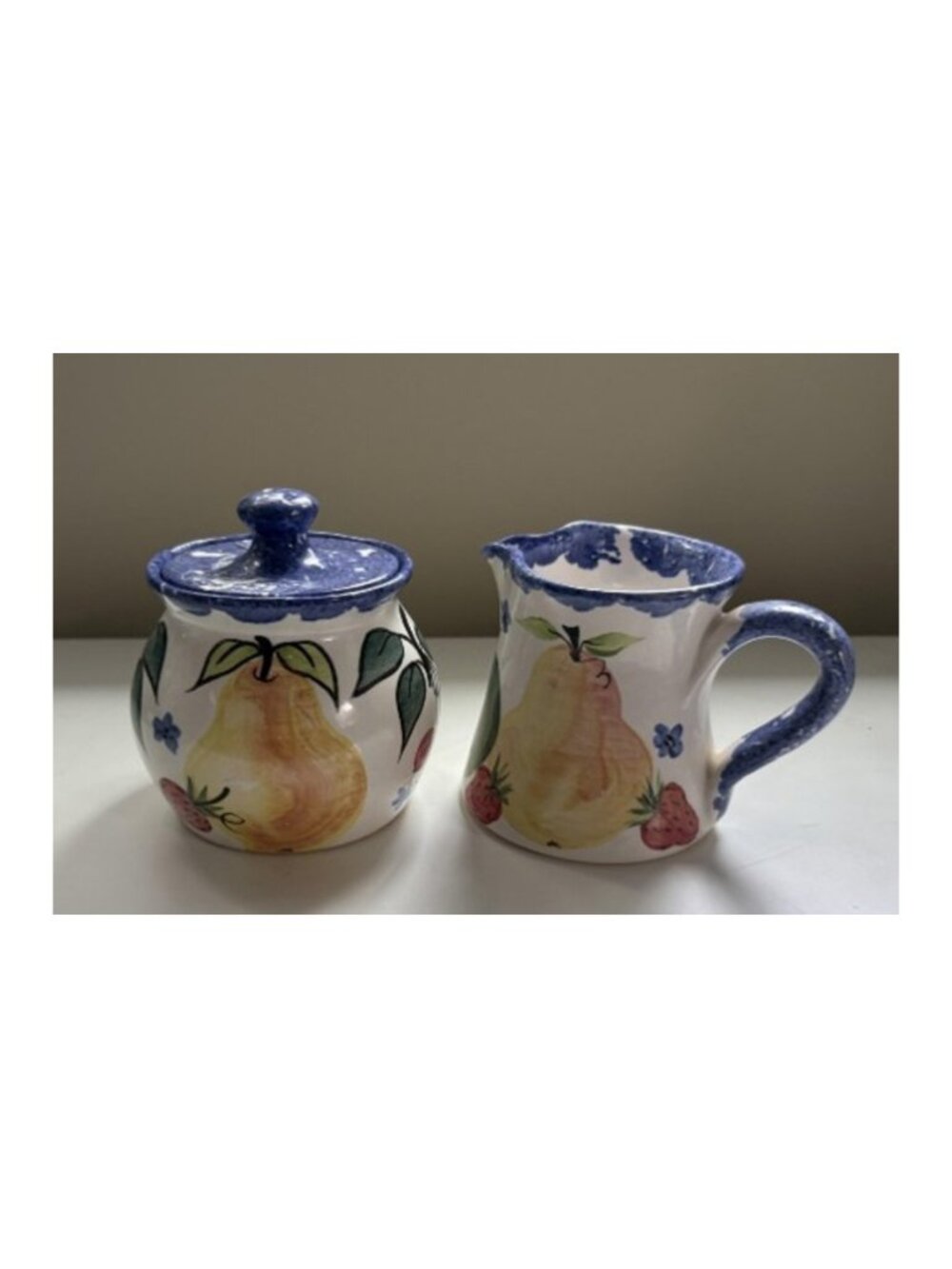 Vtg Shard Pottery Maine Coastal Fruit Creamer & Sugar Bowl Set Hand Painted